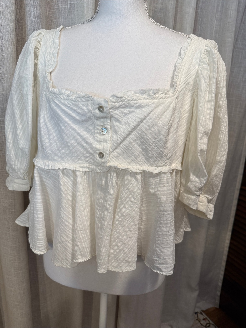 Free People Ivory Smocked Babydoll Blouse Puff Sleeve Cotton Top M